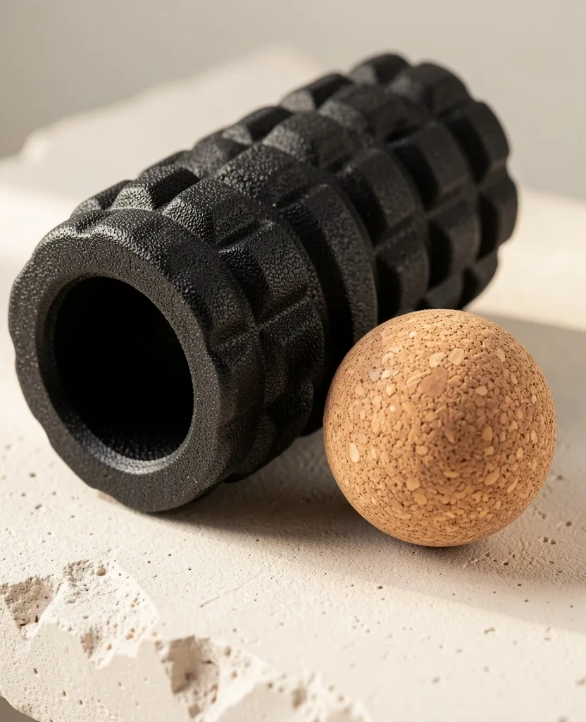 Foam roller and cork massage ball on a studio surface