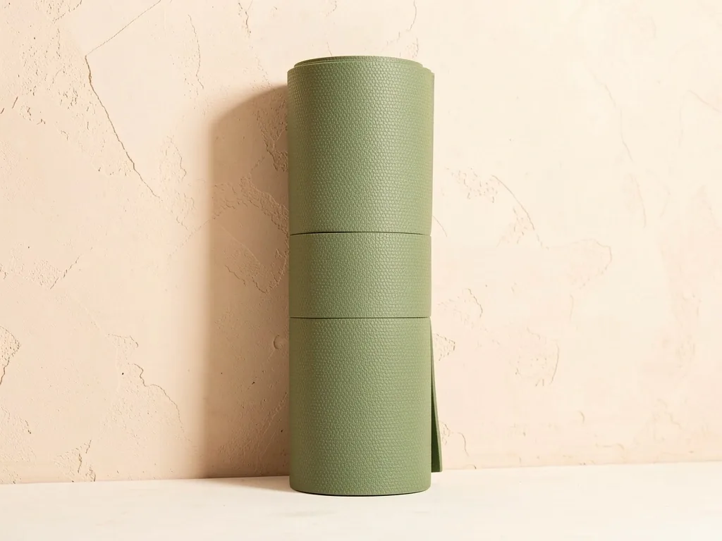 A rolled yoga mat against a neutral wall